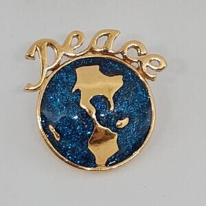 Vintage Avon World Peace On Earth Pin Gold Tone Blue Enamel Pin Tac Sparkly